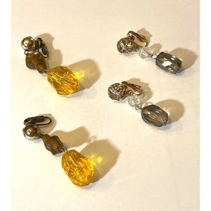 Two Pair Bundle Vintage Lucite Clip Earrings Gold Silver Colored Retro Jewelry